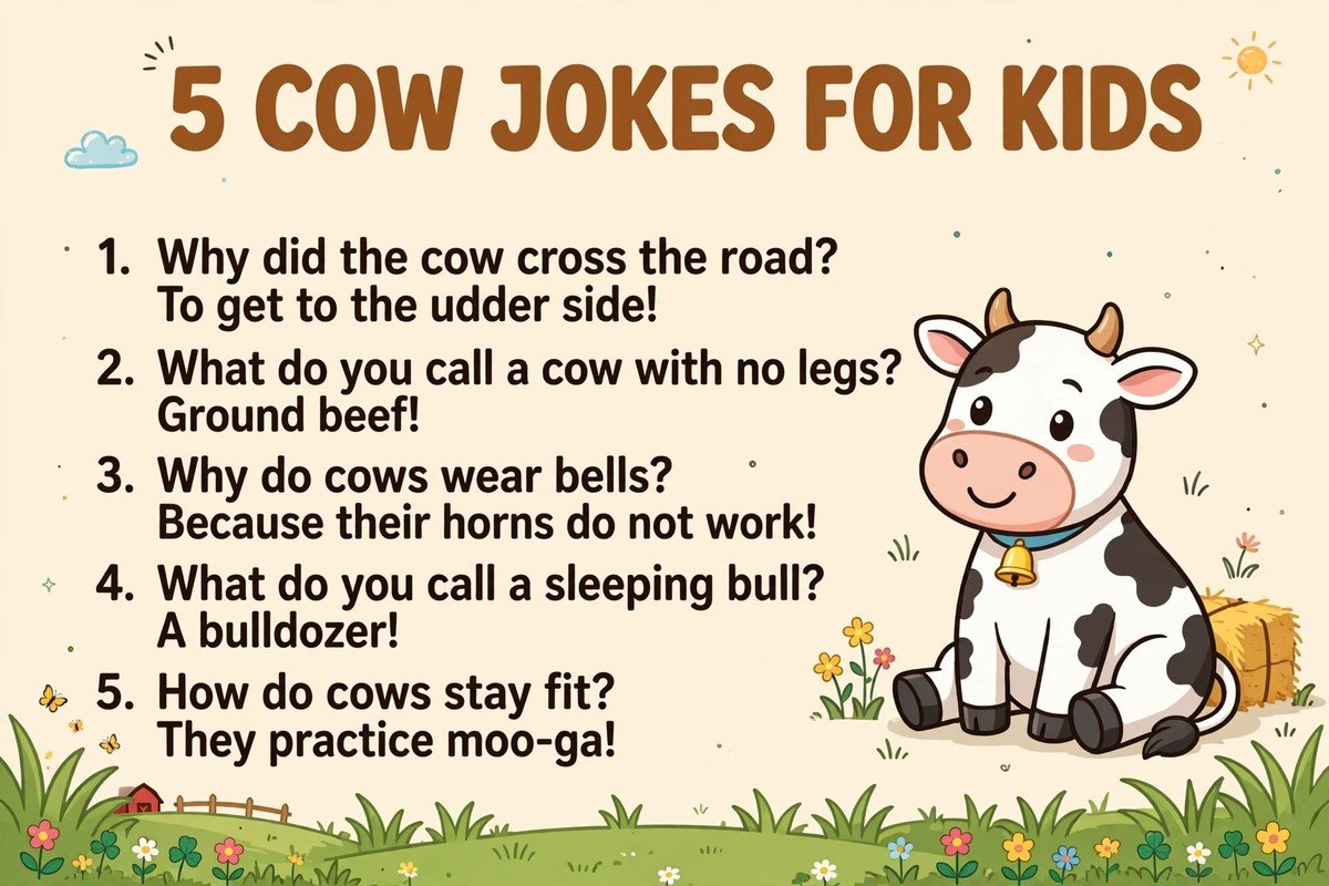 Five funny cow jokes for kids on a bright farm poster