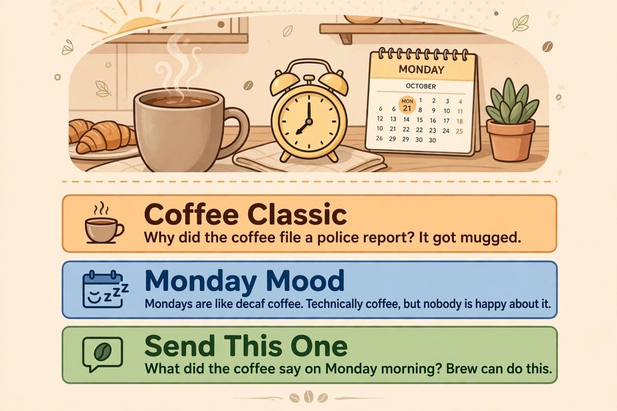 Coffee and Monday dad jokes for adults infographic with shareable one-liners