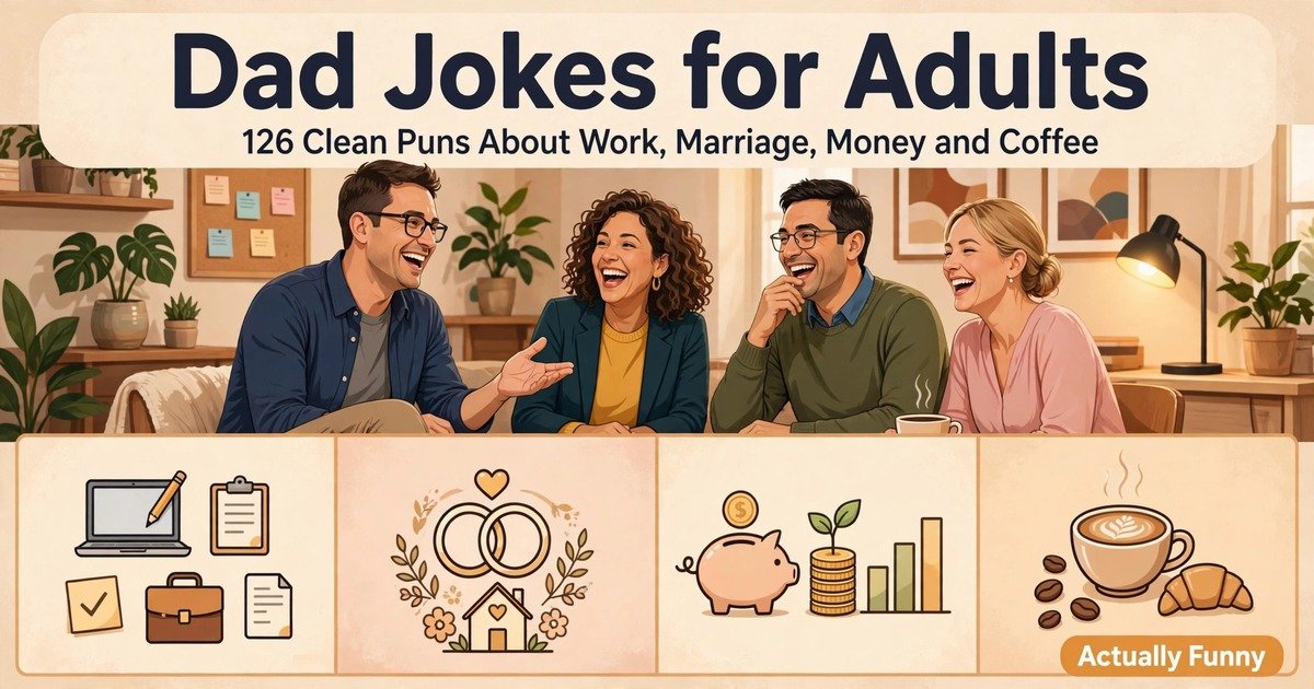 Dad jokes for adults feature image with clean puns about work, marriage, money and coffee
