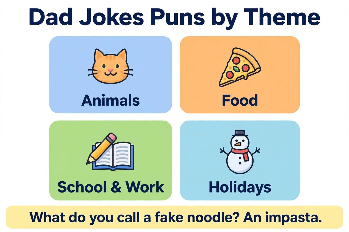 Dad jokes puns organised by theme — animal, food, school and holiday pun categories