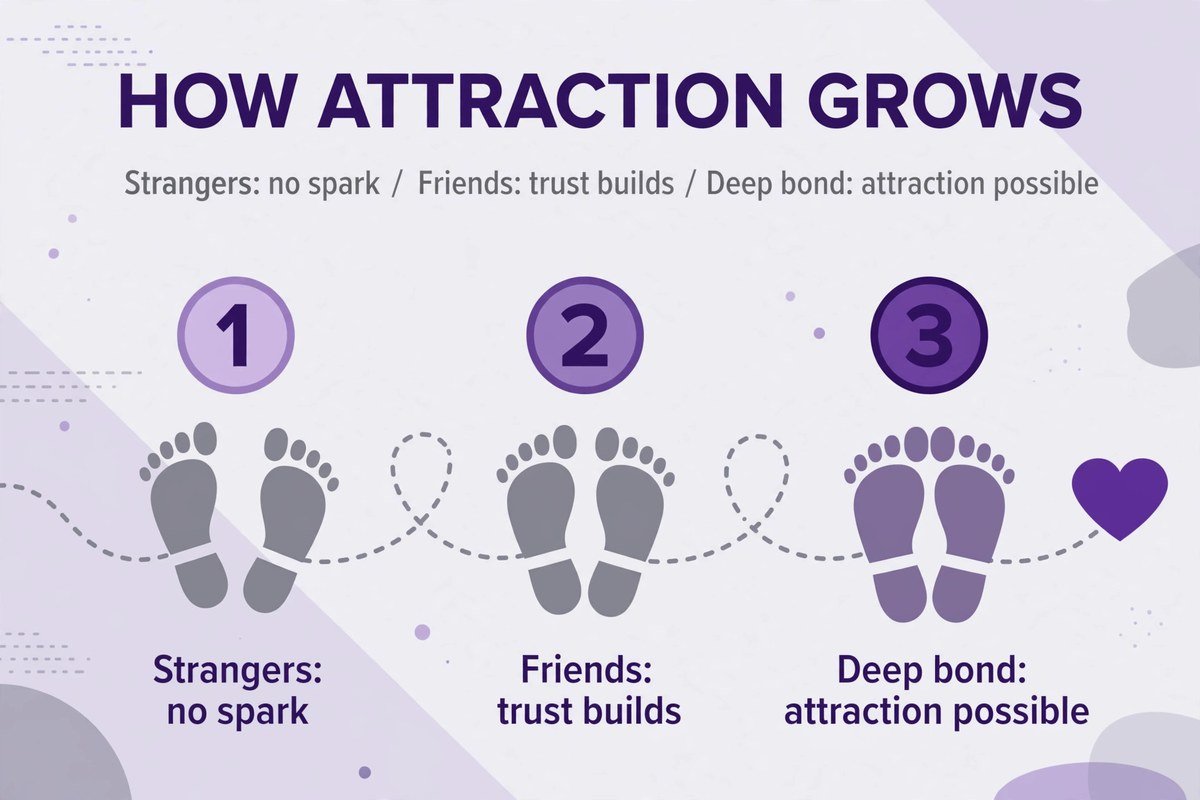 Demisexual attraction model in two steps: first an emotional bond grows through trust and friendship, then attraction may follow