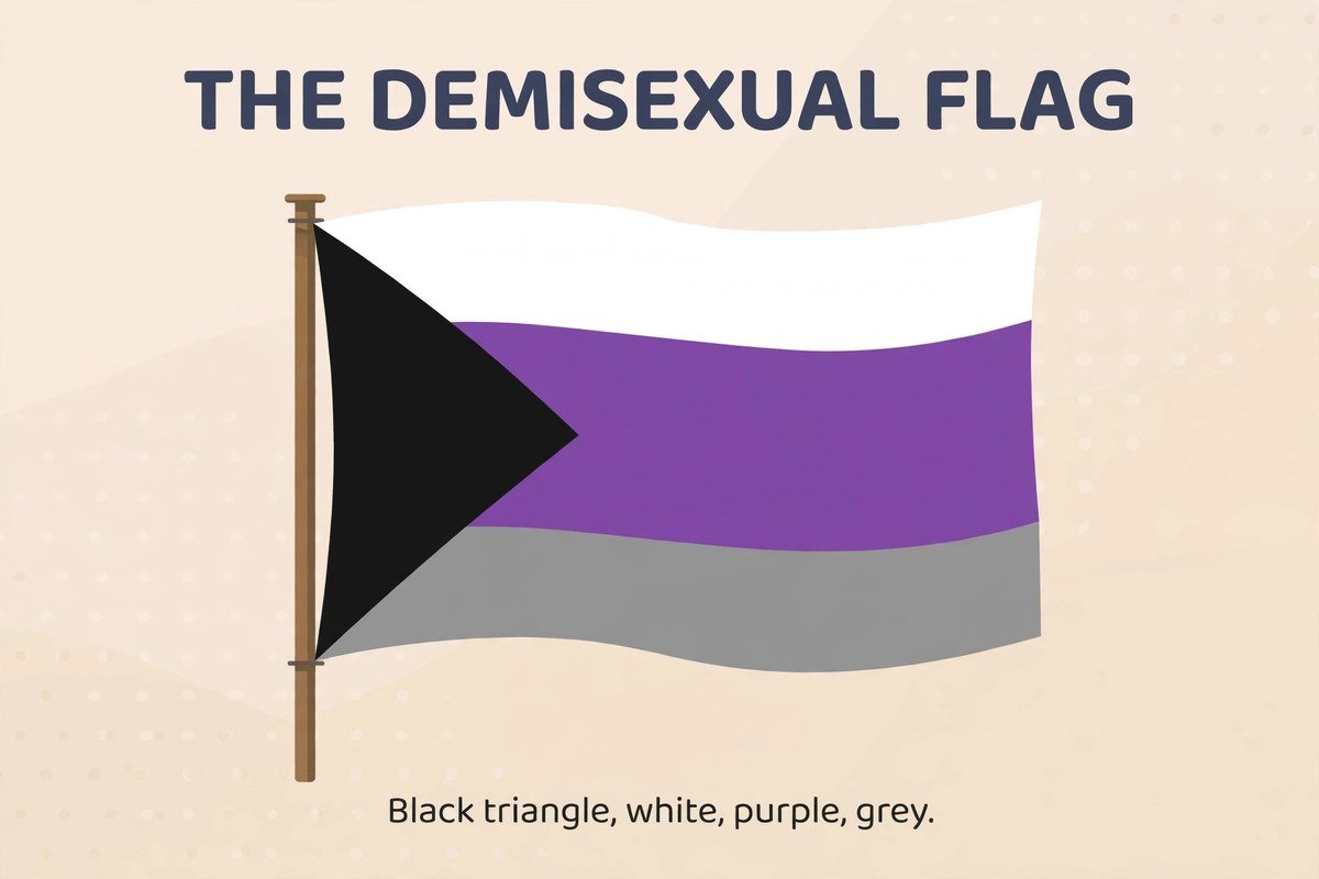 The demisexual pride flag explained: black triangle for asexuality roots, white for sexual attraction, purple for community, grey for the grey area