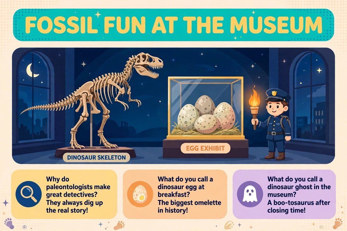 Dinosaur jokes from the fossil museum with skeleton and egg jokes