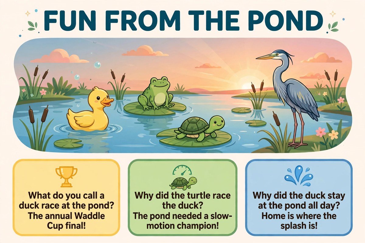 Duck jokes from the pond with a frog, a turtle and a heron