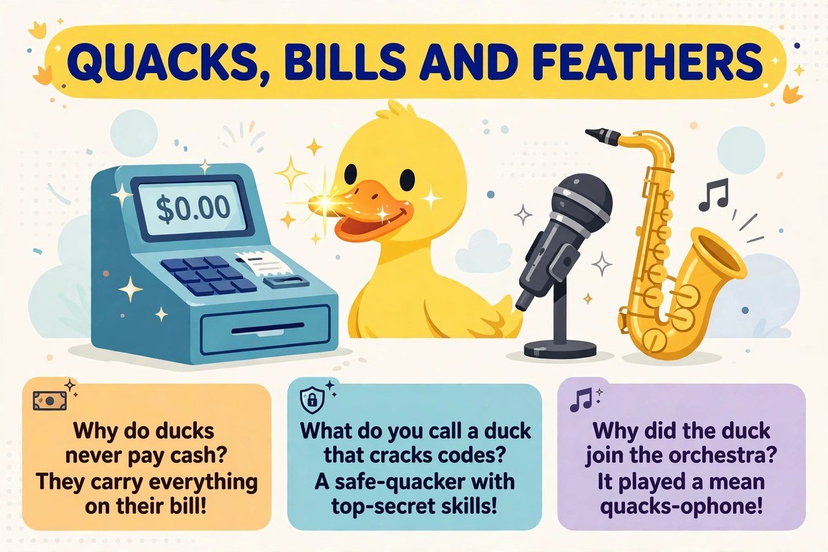 Duck jokes about quacks, bills and feathers with a duck at a shop till