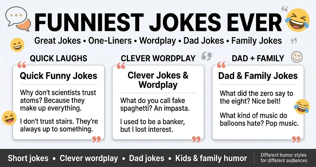 Funniest jokes ever featuring great jokes, one-liners, wordplay, dad jokes, and family jokes