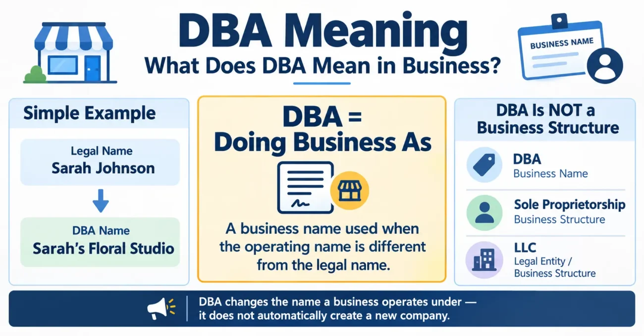 DBA meaning in business showing the difference between a legal name and DBA name