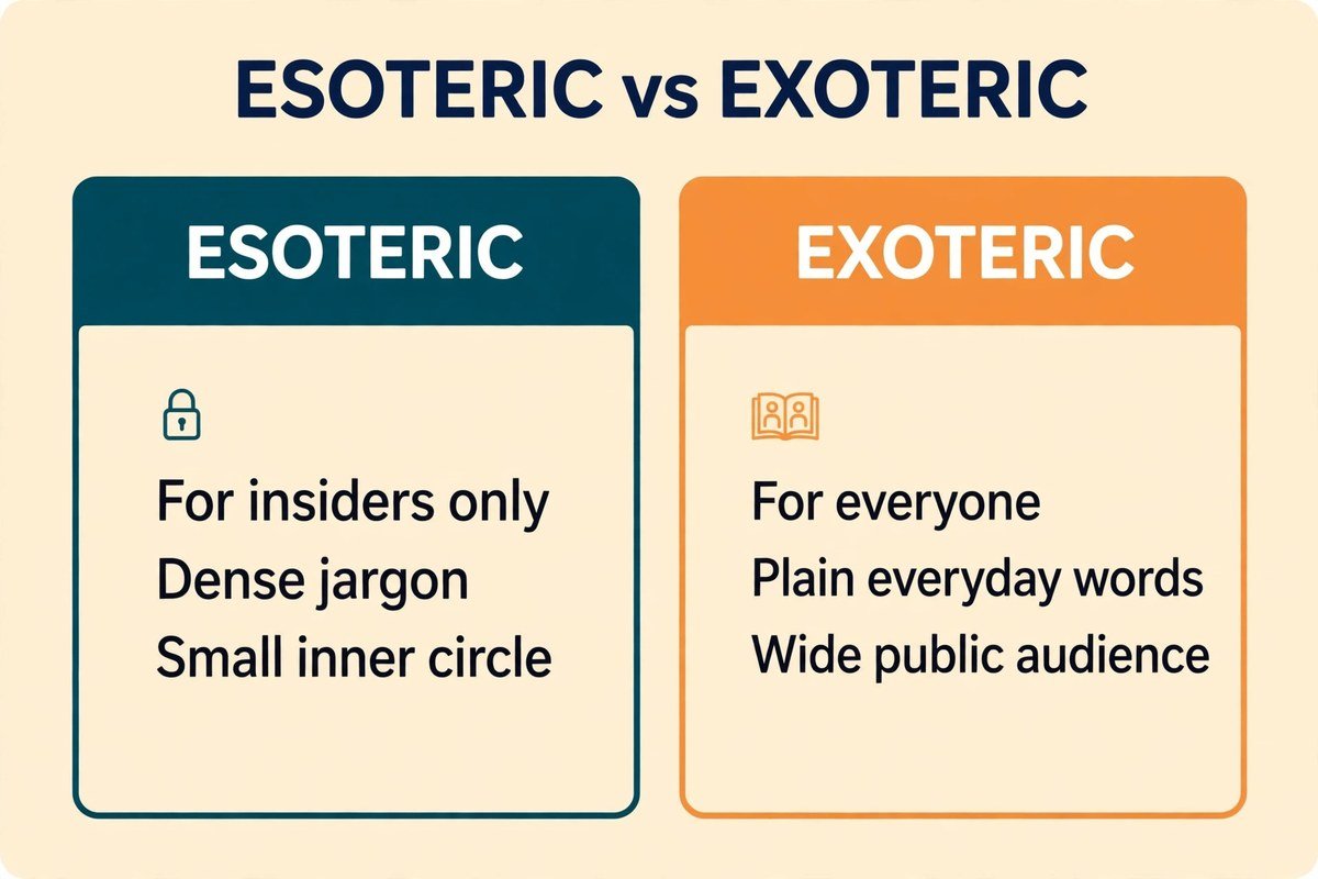 Esoteric vs exoteric comparison chart: esoteric is for insiders with dense jargon, exoteric is for everyone in plain words