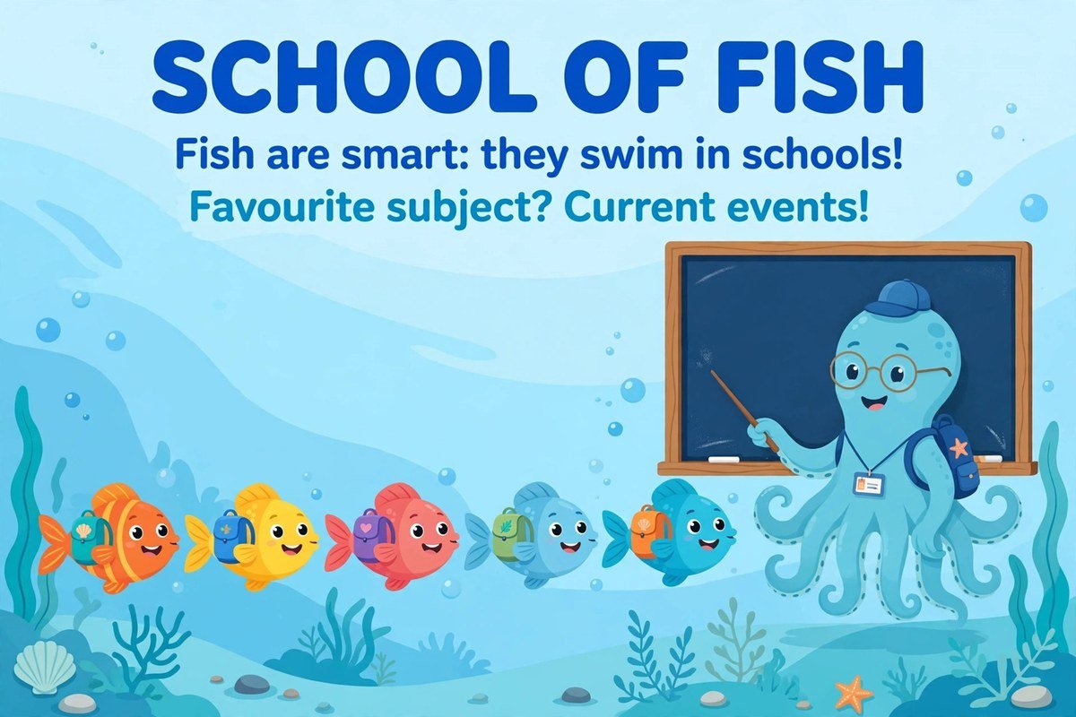 Fish jokes about the school of fish with a smart fish that swims in schools