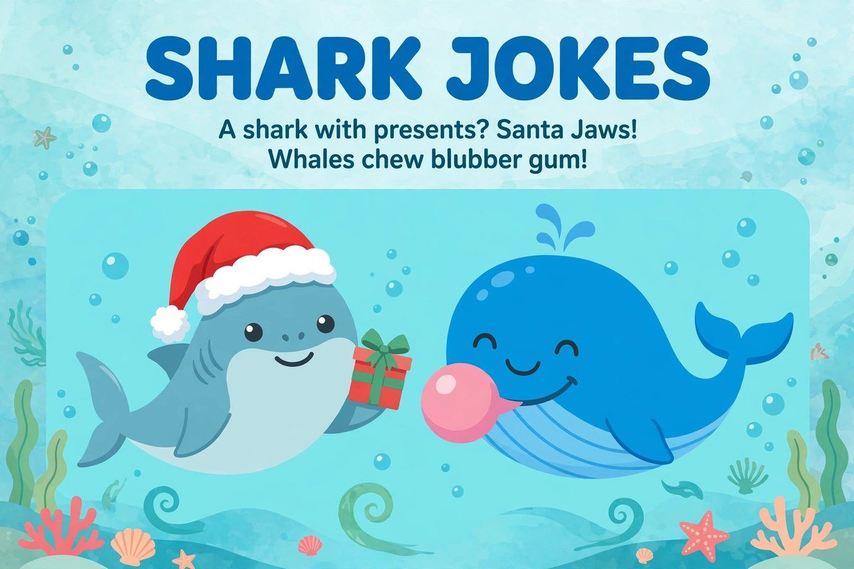 Shark fish jokes with Santa Jaws and a whale that chews blubber gum
