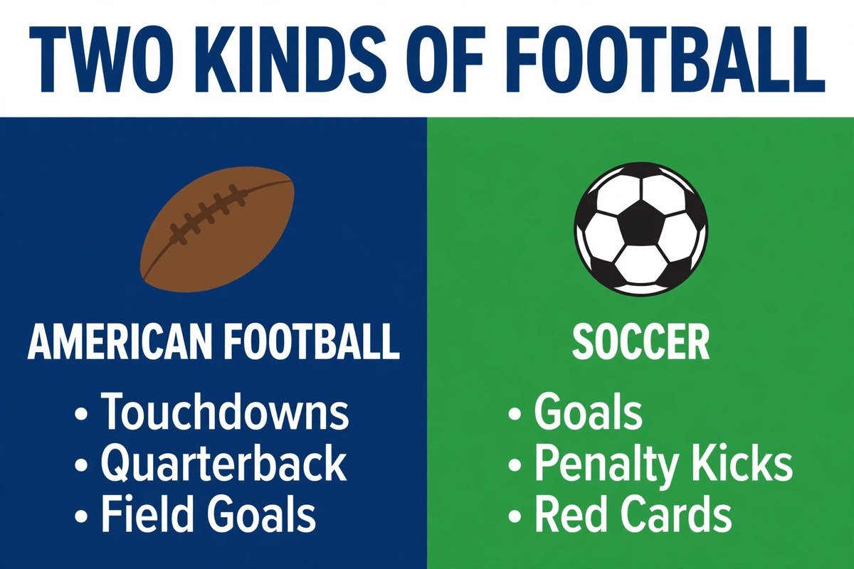 Two kinds of football compared: American football with touchdowns and quarterbacks, soccer with goals and penalty kicks