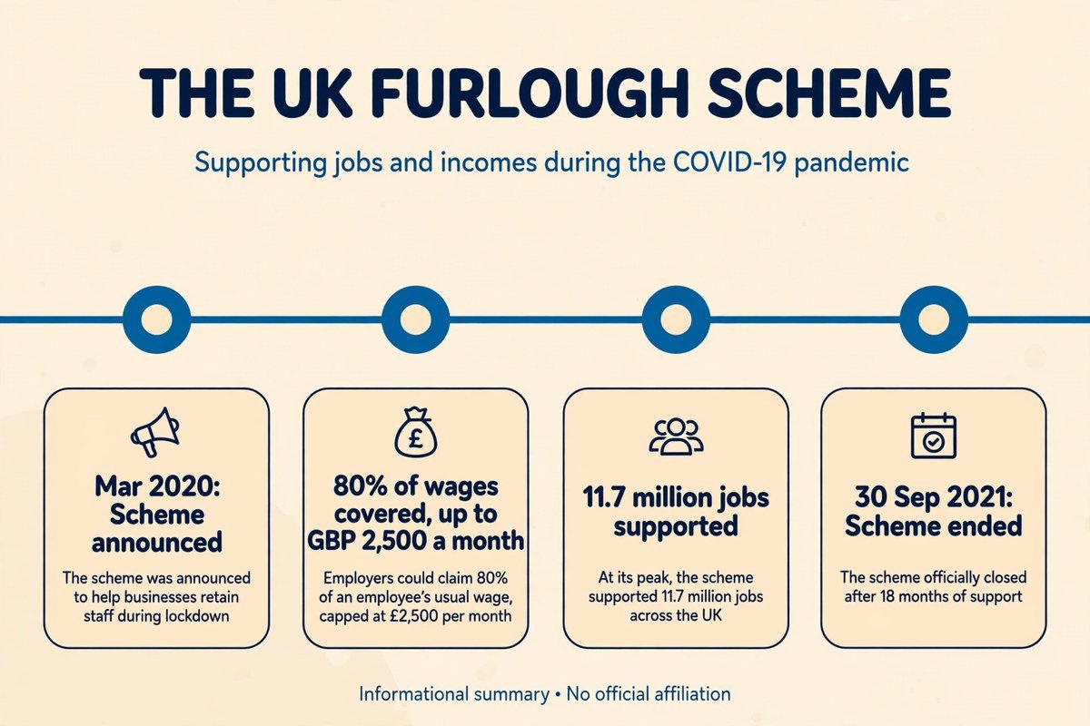 UK furlough scheme timeline from March 2020 to September 2021 with 80 percent of wages covered