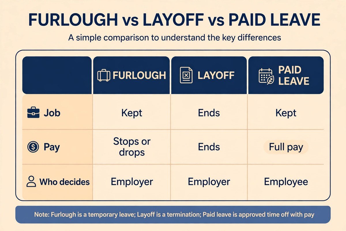 Furlough vs layoff vs paid leave comparison table comparing the job, the pay, and who decides
