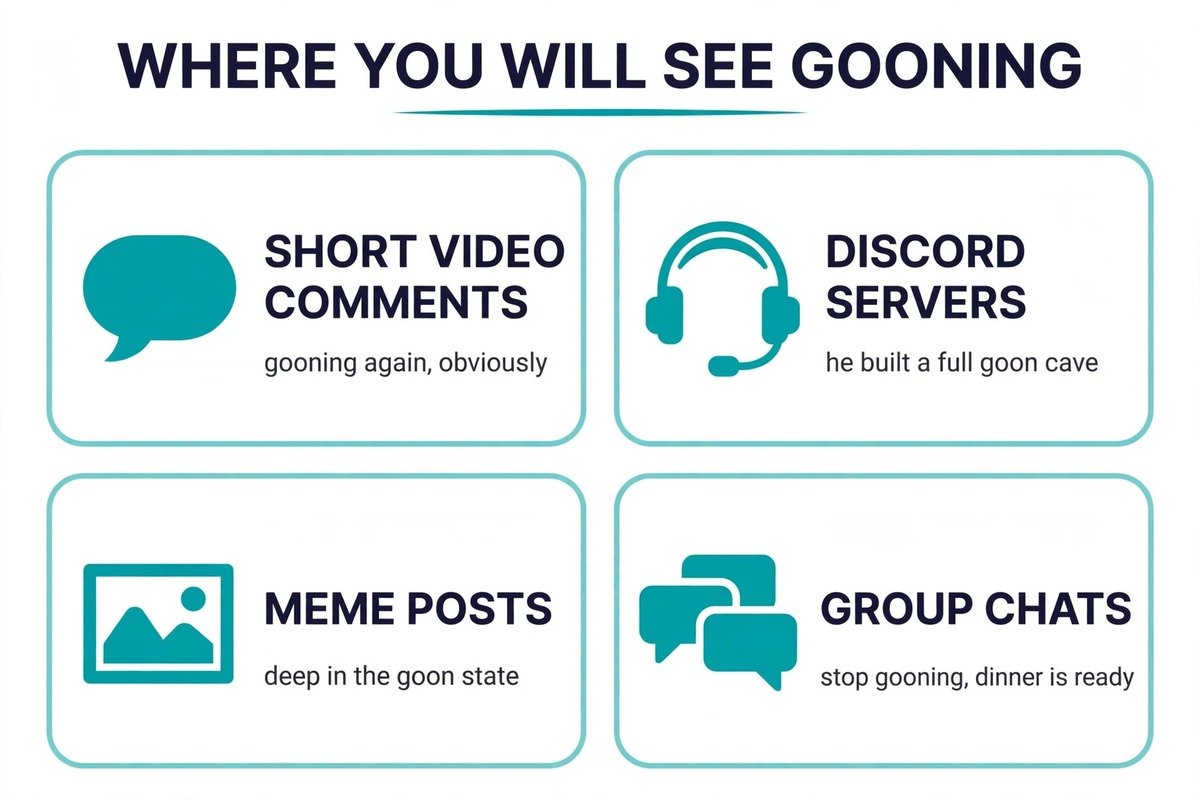 Four places where the gooning slang appears online: video comments, Discord servers, meme posts, and group chats