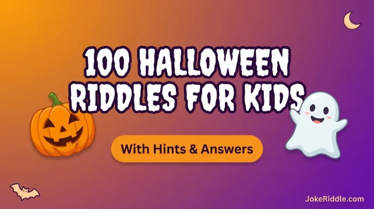 Halloween riddles for kids graphic with a smiling pumpkin and ghost
