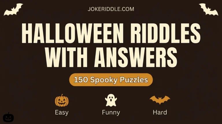 Halloween riddles with answers graphic showing 150 spooky puzzles for kids and adults