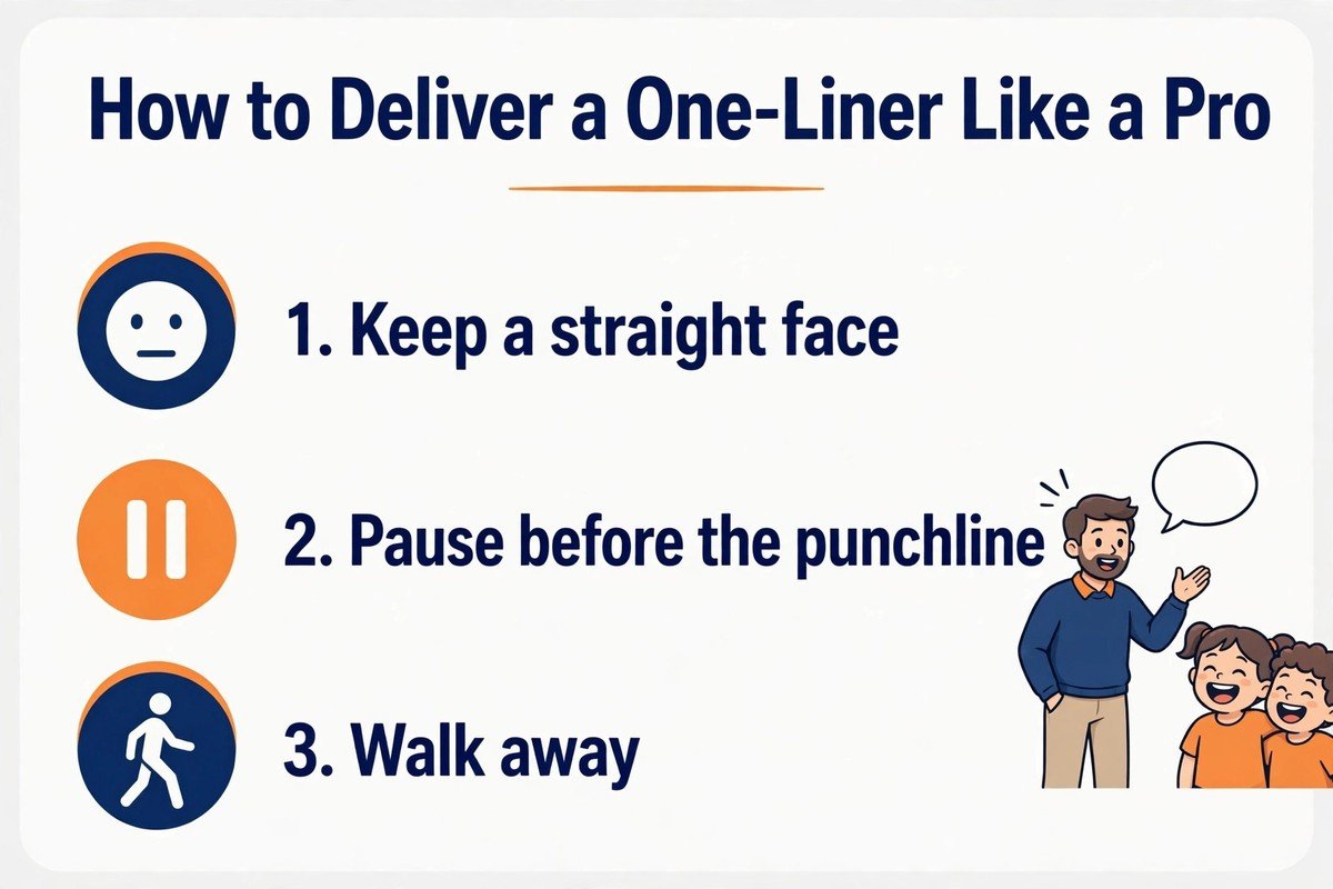 Three delivery tips for one-liner dad jokes: keep a straight face, pause before the punchline, and walk away
