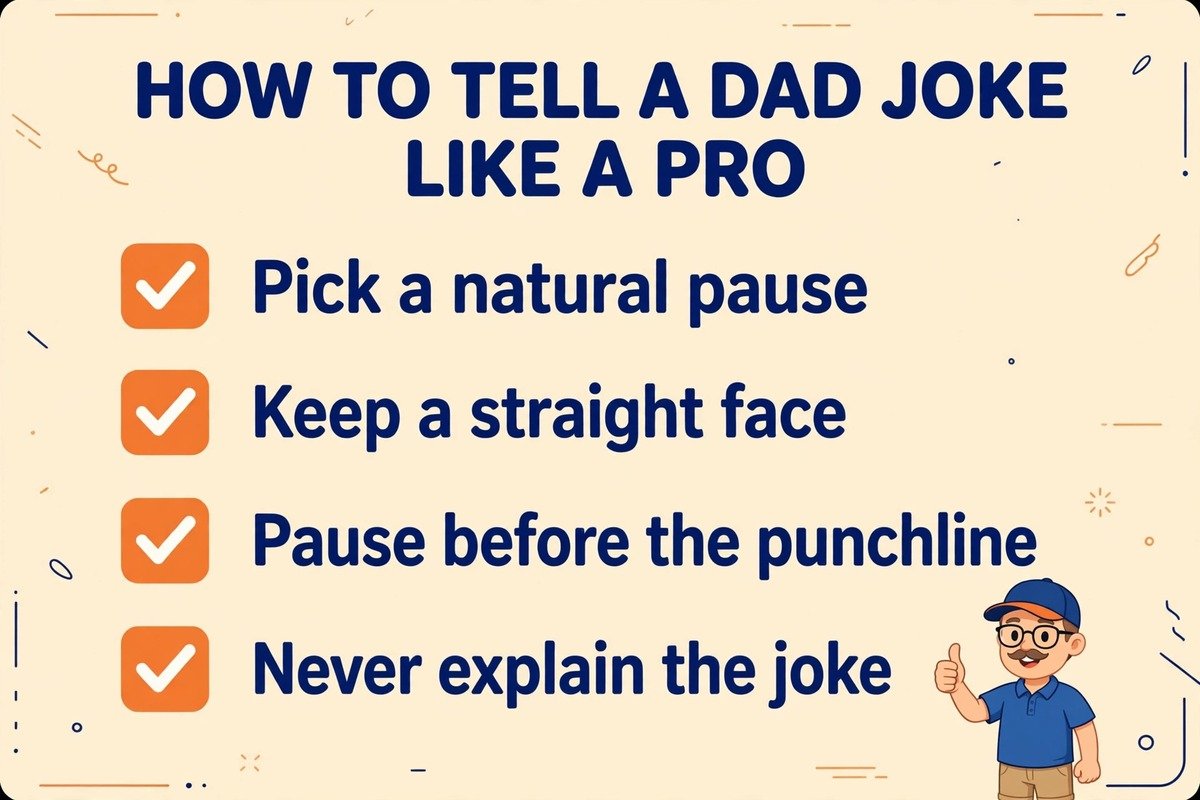 Checklist of four delivery tips for telling short dad jokes like a pro