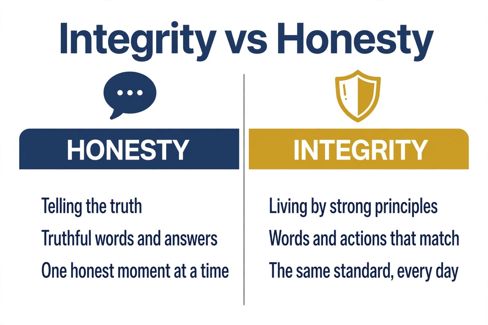 Side-by-side comparison of honesty and integrity, showing truth-telling on one side and consistent moral principles on the other