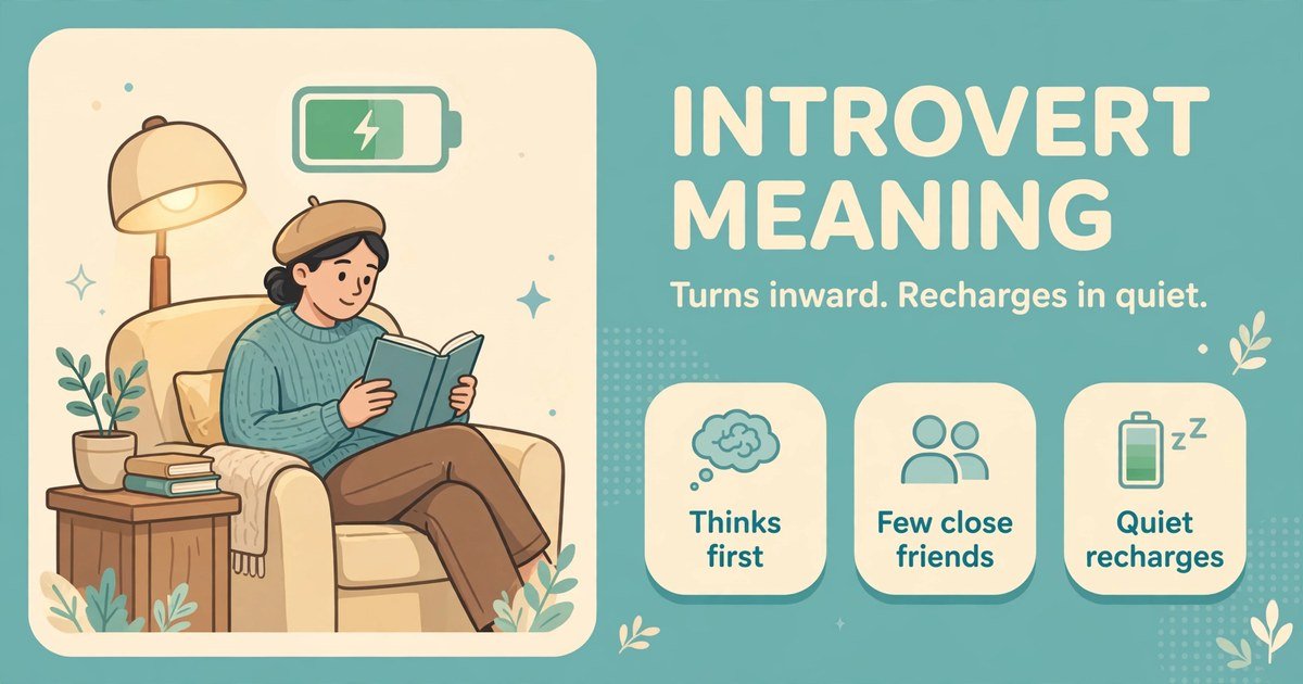 Introvert meaning illustrated: a person recharging quietly with a book in a cosy reading corner
