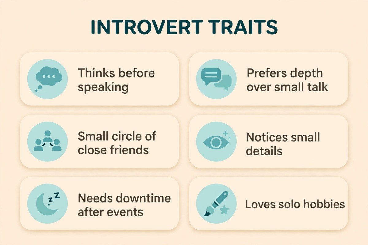 Core traits that show the introvert meaning in daily life, listed as a clean infographic