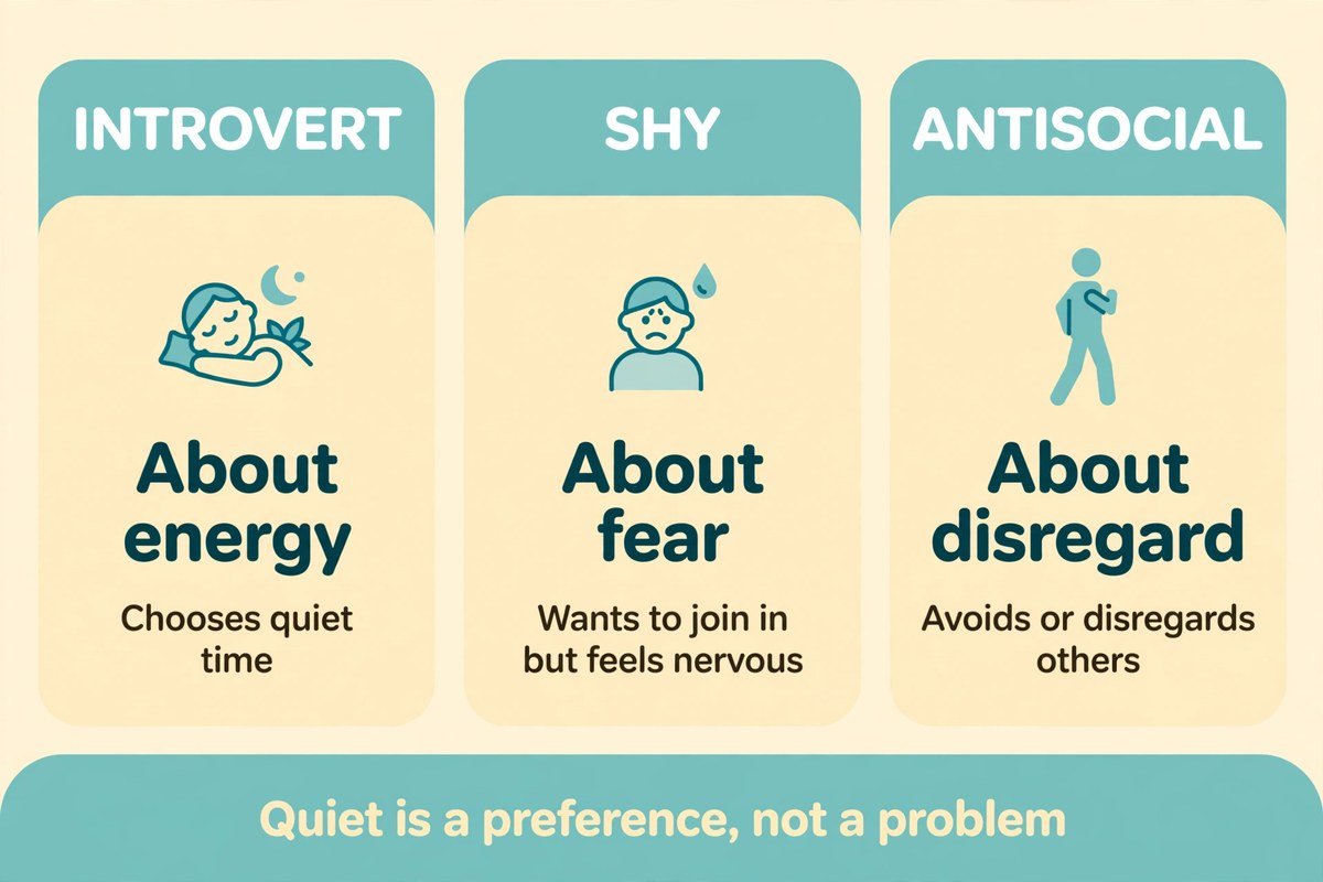 Introvert vs shy vs antisocial comparison chart explaining the key difference