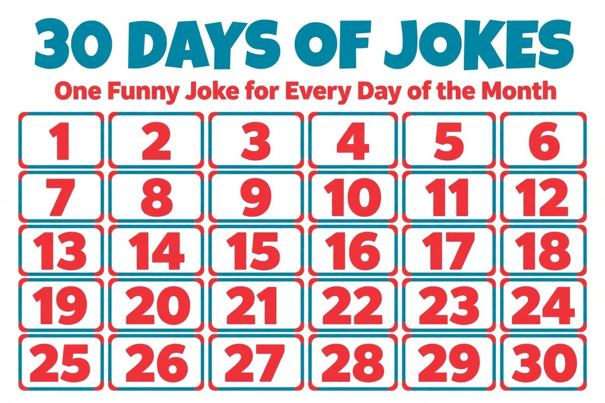 30 Days of Jokes Calendar 30 days of jokes calendar grid numbered 1 to 30, one funny joke for every day of the month
