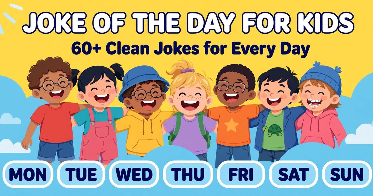 Joke of the Day for Kids – 60+ Clean Jokes for Every Day Joke of the day for kids banner with seven laughing children and day-of-the-week labels