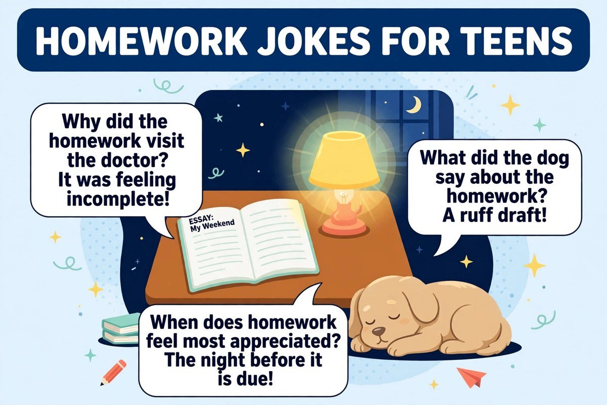 Homework jokes for teens with deadline, essay and ruff draft giggles for students