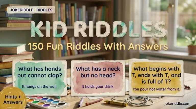 Kid riddles graphic showing 150 fun riddles with hints and answers