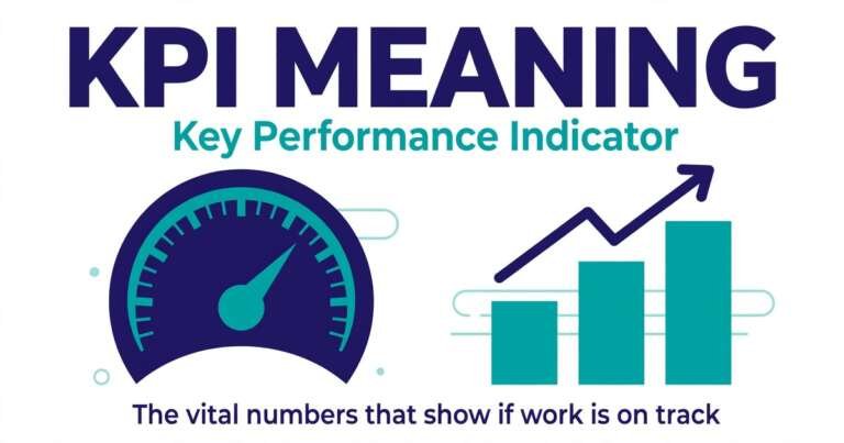 KPI meaning explained with a dashboard gauge and rising bar chart