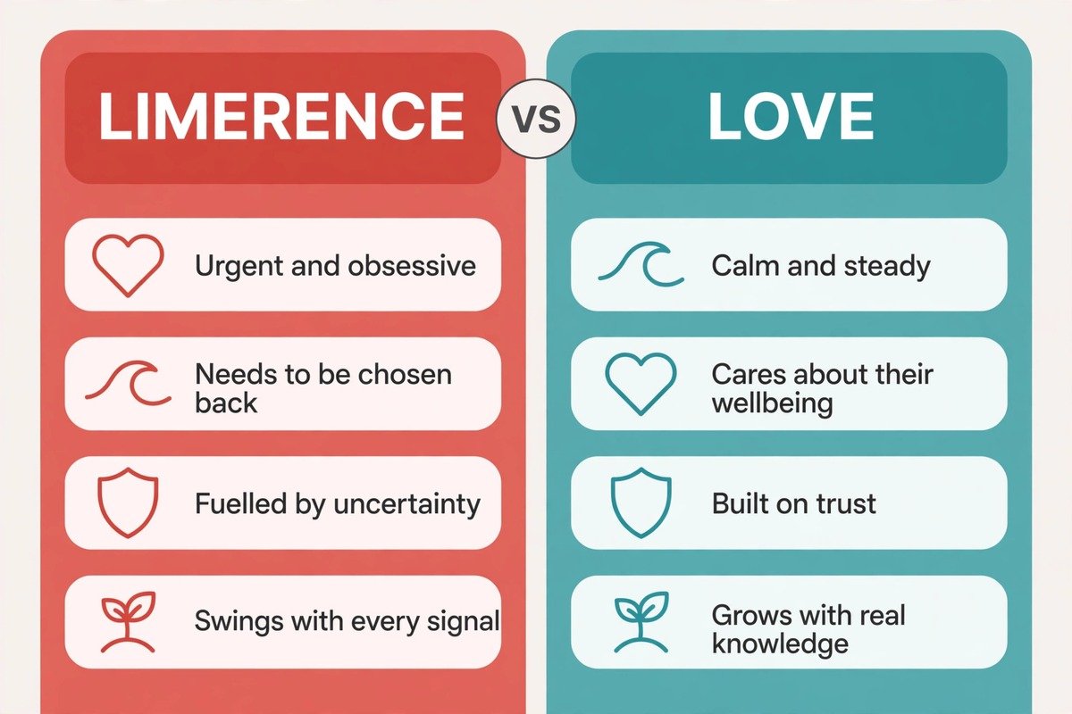 Comparison chart of limerence vs love, showing that limerence is urgent and fueled by uncertainty while love is calm and built on trust