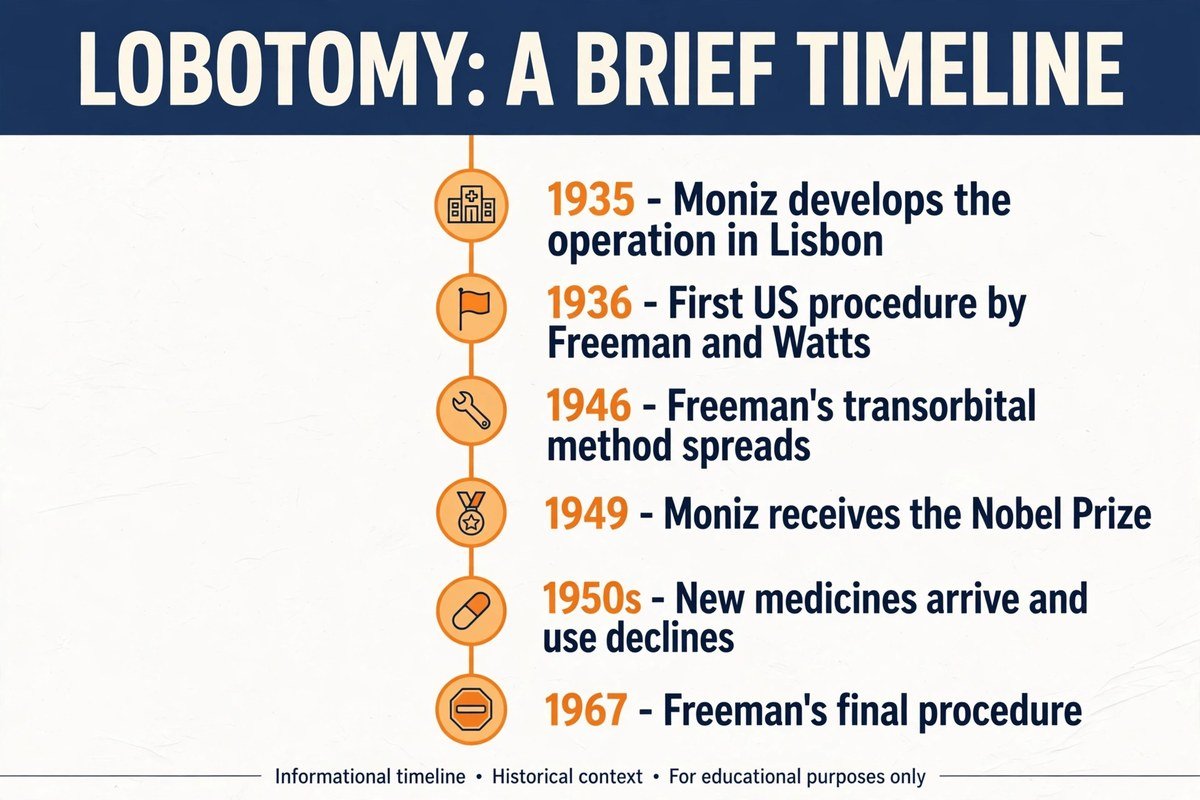 Timeline of lobotomy history from 1935 to 1967, part of the lobotomy meaning story