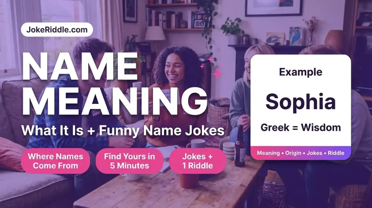Name meaning guide with friends wearing name tags and the example Sophia means wisdom in Greek
