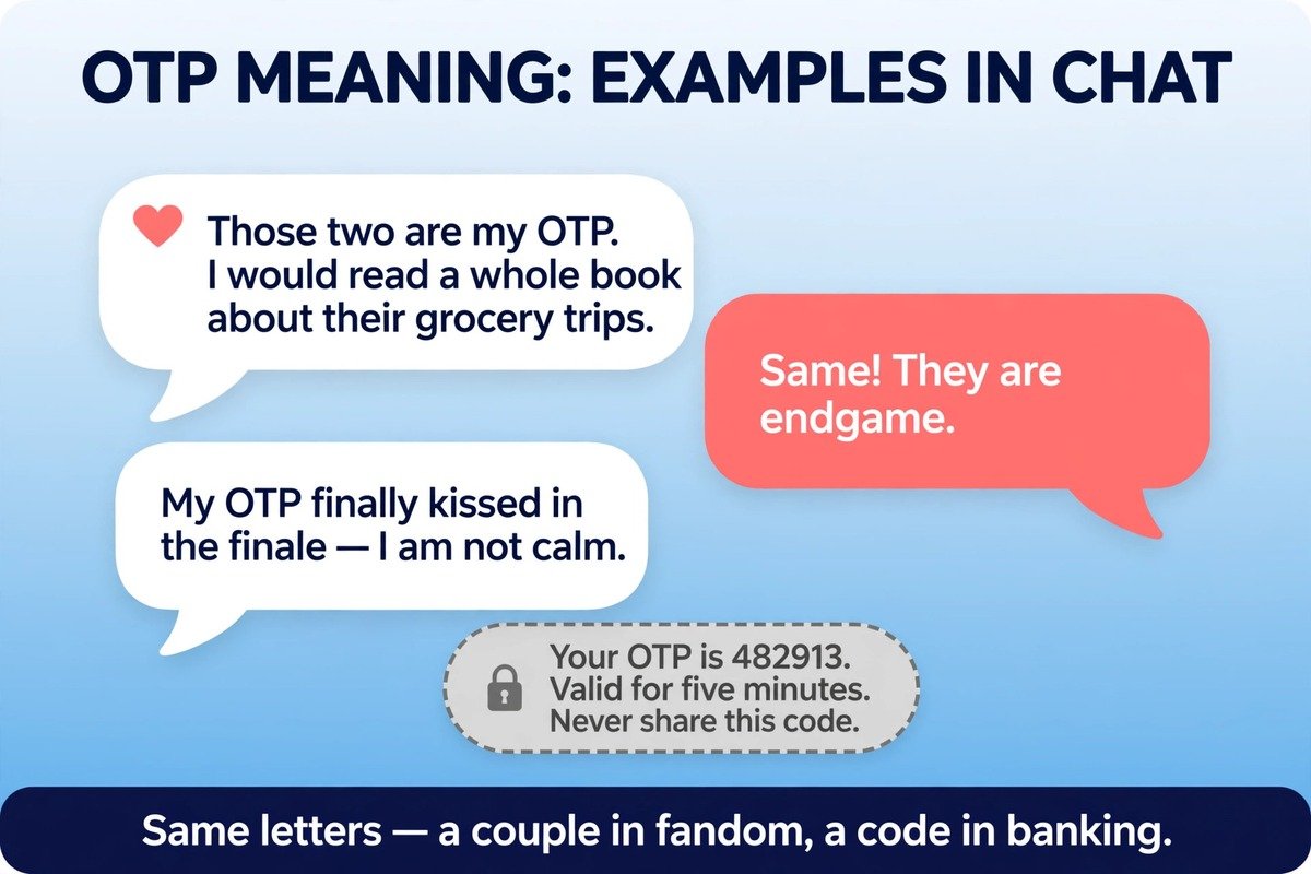OTP meaning examples in chat messages, showing OTP used for a favourite fictional couple and as a one-time password code