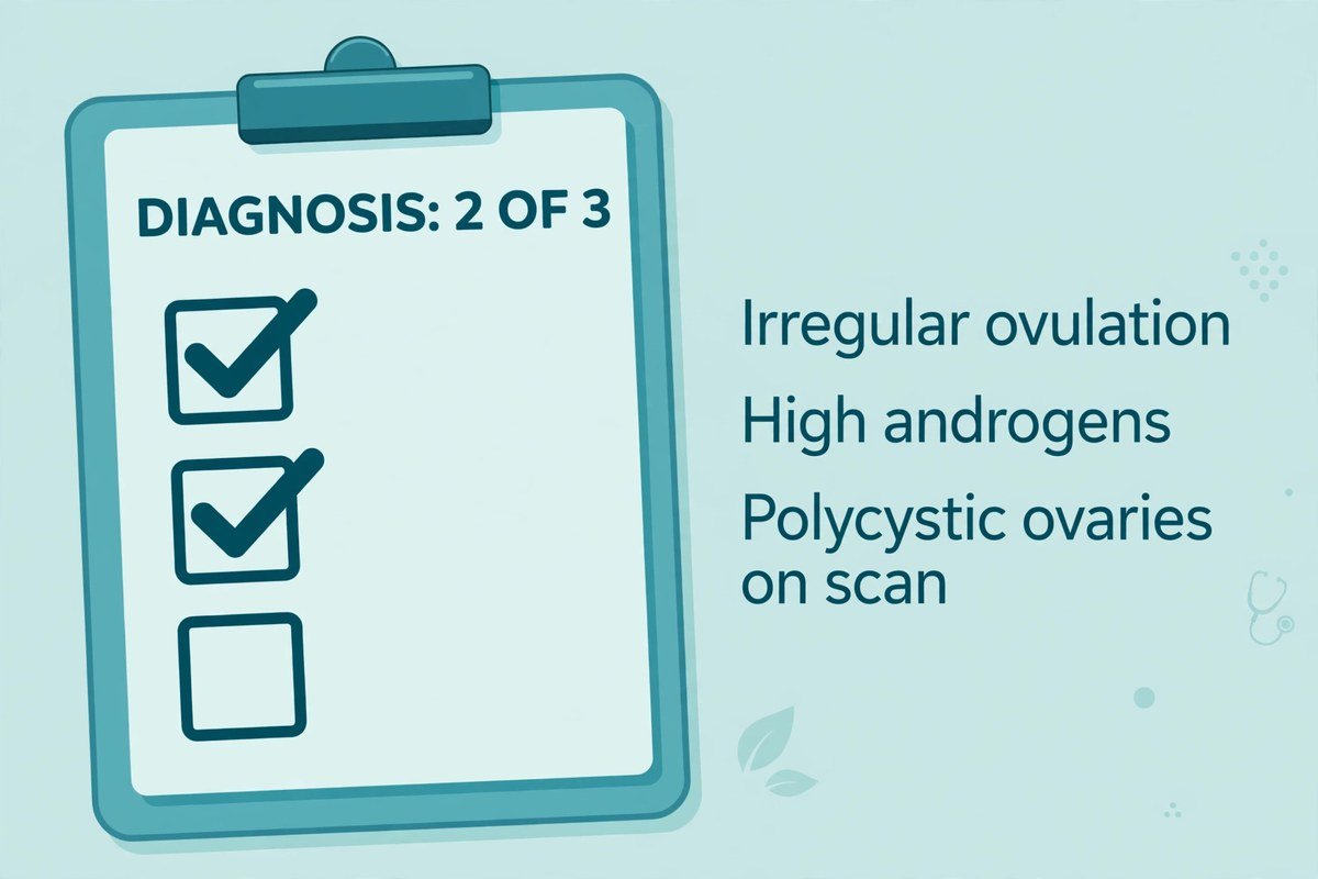 How PCOS is diagnosed with the Rotterdam criteria: two of three signs, irregular periods, extra androgens, and polycystic ovaries on a scan