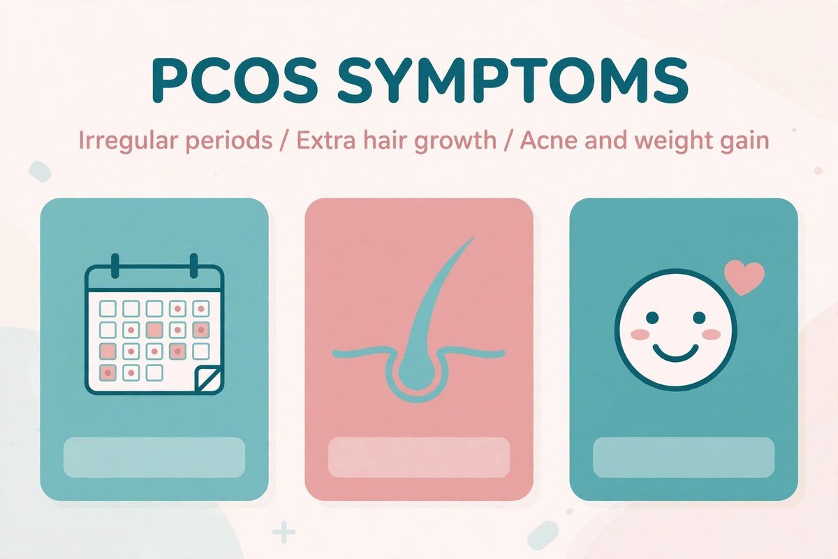 Main symptoms of PCOS: irregular periods, difficulty getting pregnant, excess hair growth, weight gain, thinning hair, oily skin and acne