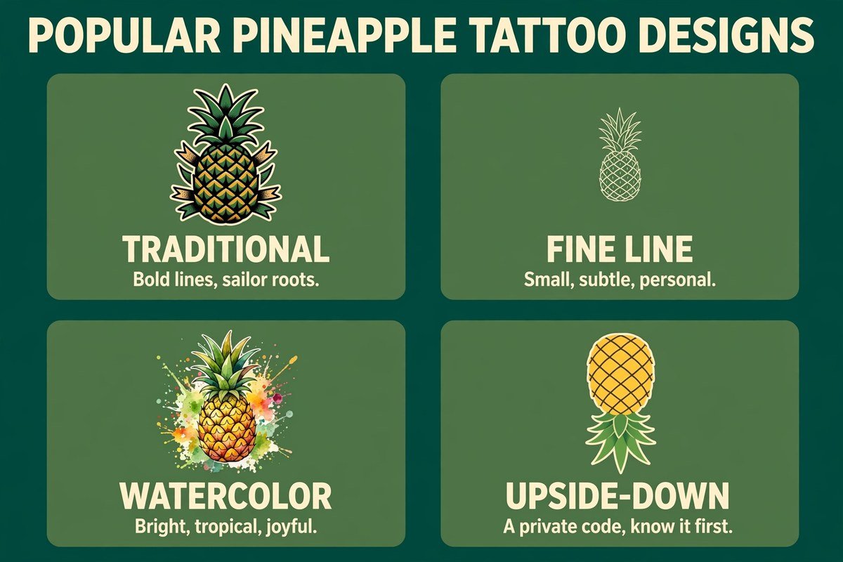 Popular pineapple tattoo designs: traditional, fine line, watercolor and upside-down
