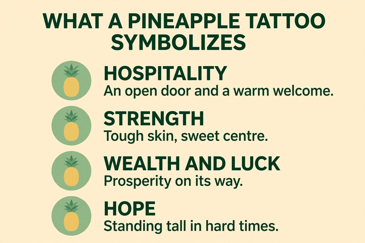What a pineapple tattoo symbolizes: hospitality, strength, wealth and luck, and hope