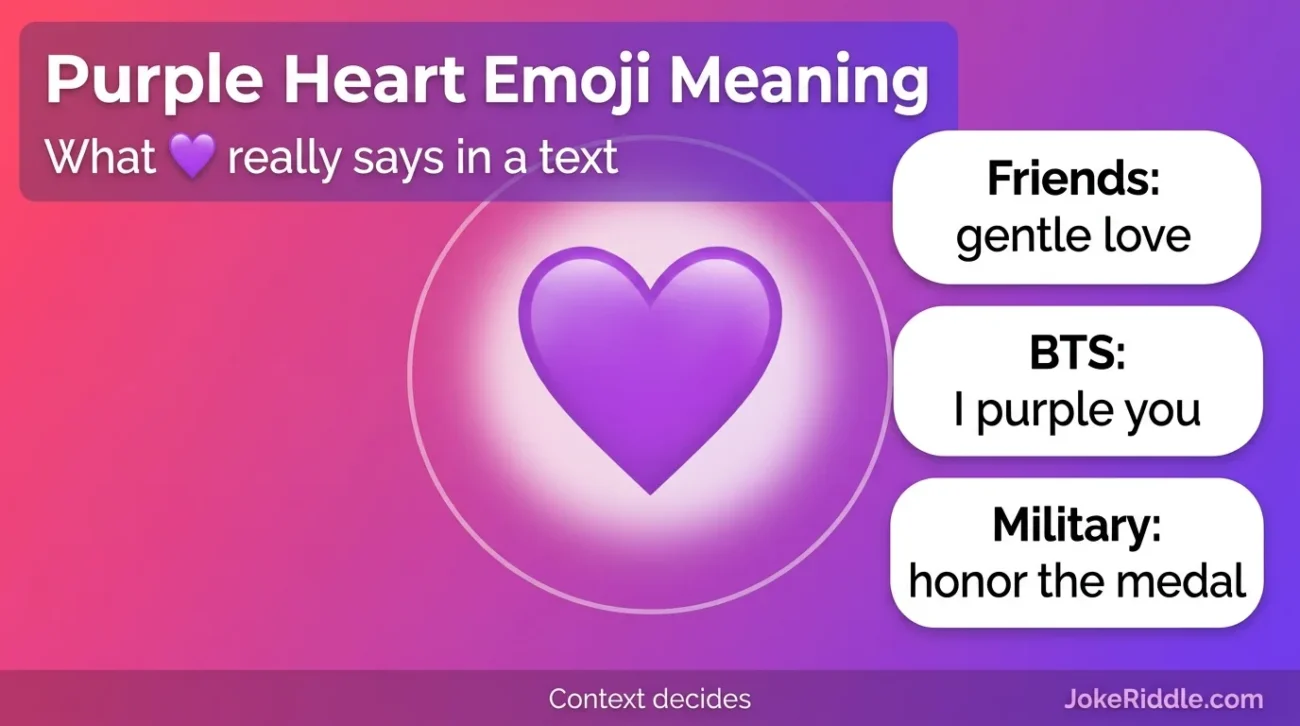 Infographic showing the purple heart emoji meaning for friends, BTS fans and military honor