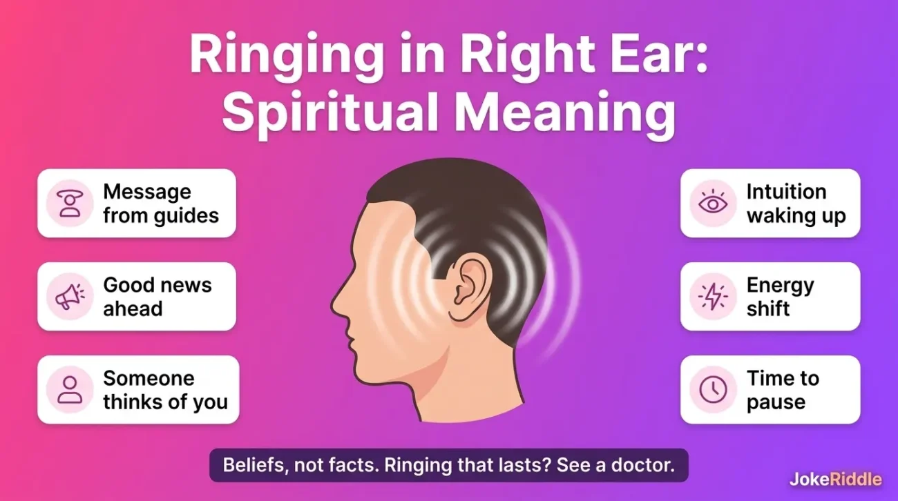 Infographic showing six common ringing in right ear spiritual meaning signs around a head with sound waves at the right ear