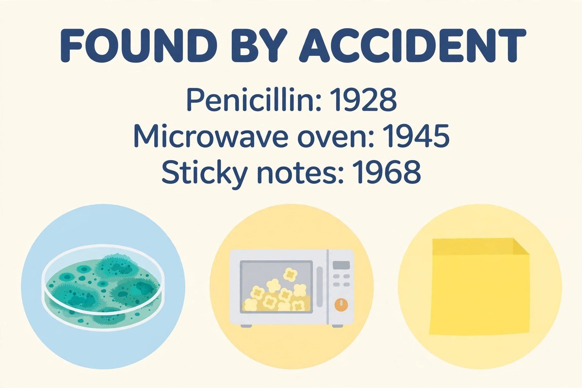 Famous examples of serendipity: penicillin in 1928, the microwave oven in 1945, Post-it notes in 1968, and Velcro in 1941