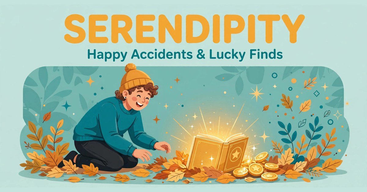 Serendipity meaning explained: finding something good by happy accident, with a clover, an open book, and a lightbulb