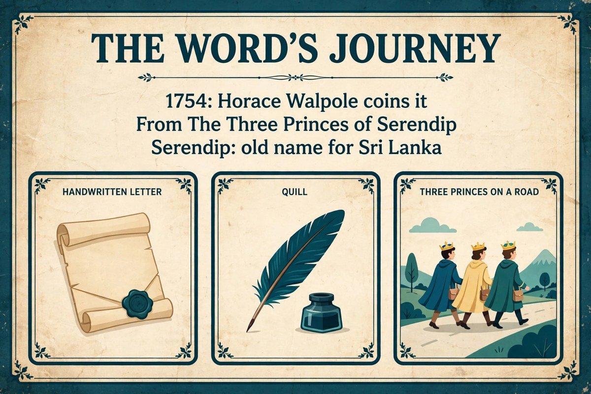 Timeline of the word serendipity: coined by Horace Walpole in 1754 from The Three Princes of Serendip, an old name for Sri Lanka
