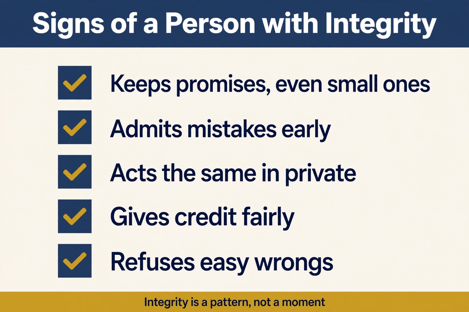 Checklist infographic of the signs of a person with integrity, including keeping promises and admitting mistakes early