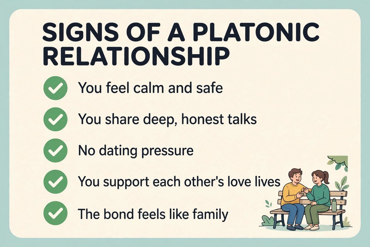 Checklist of signs of a platonic relationship, including trust, calm, and honest support