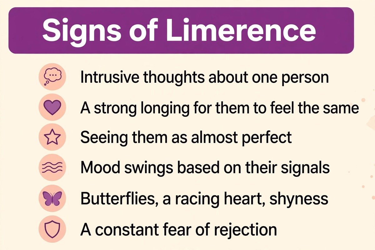 Checklist infographic of the main signs of limerence, including intrusive thoughts, longing for reciprocation, idealization, mood swings, physical reactions, and fear of rejection