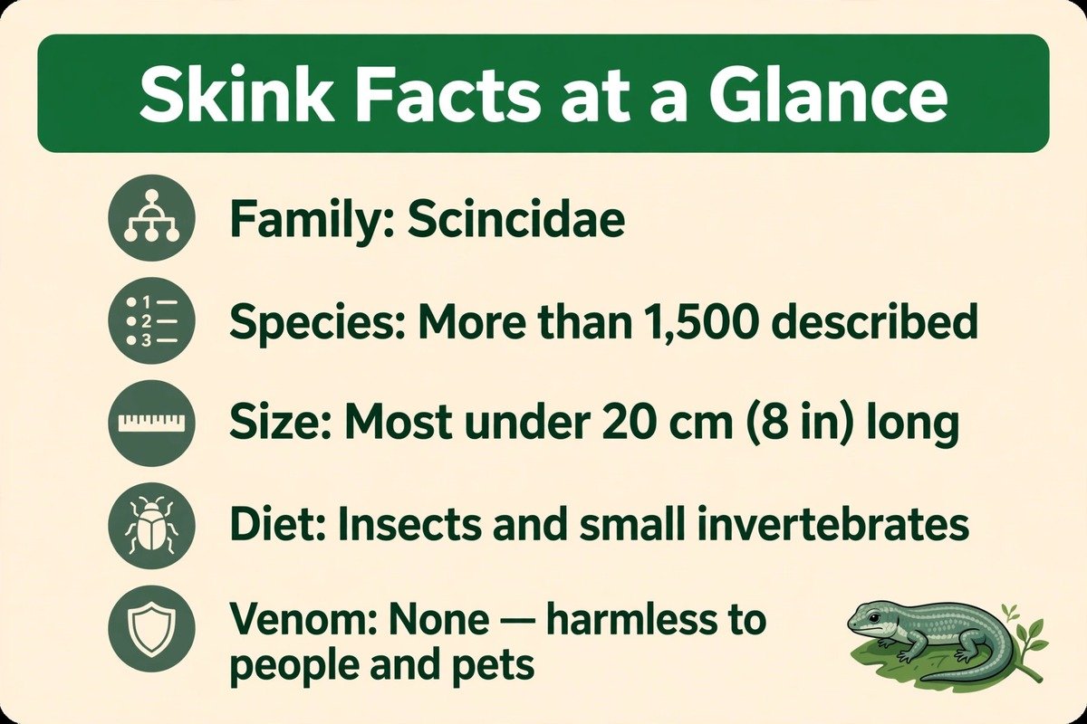 Skink facts at a glance infographic covering family, species, size, diet and safety