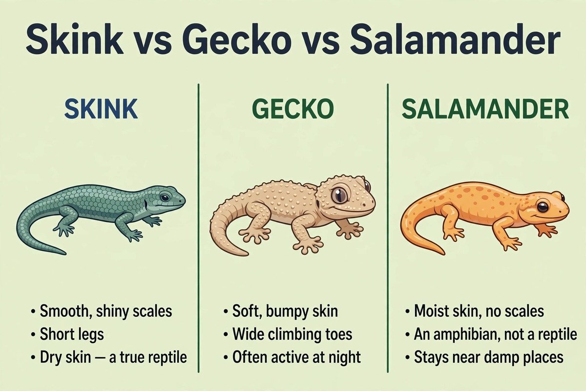 Skink vs gecko vs salamander comparison chart showing the main differences in skin, legs and habitat