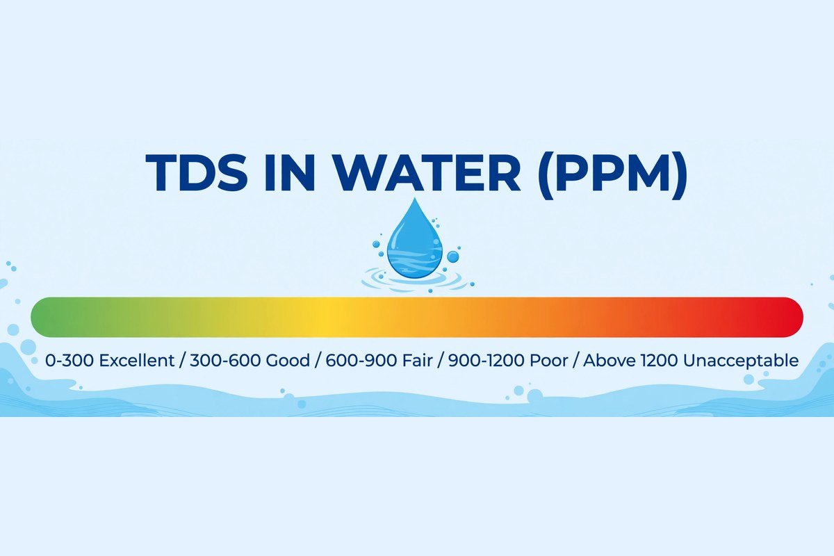 Water TDS taste scale in ppm: below 300 excellent, 300 to 600 good, 600 to 900 fair, 900 to 1200 poor, above 1200 unpleasant